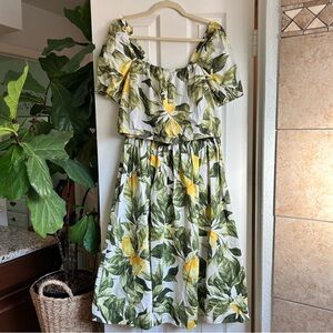 H&M Green and Yellow Lemon Leaf Print Midi Skirt & Puff Sleeve Blouse Set